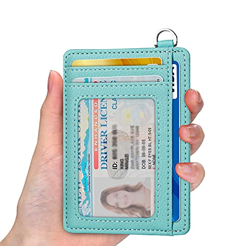 Slim Minimalist Front Pocket Wallet, RFID Blocking Credit Card Holder Wallet with Integrated D-Shackle for Men Women - color: Litchi Ocean Blue