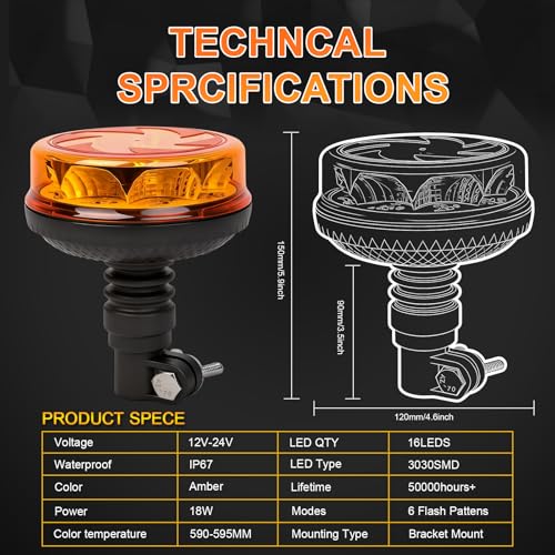 Amber LED Rotating Beacon Light 6 Flashing Modes Warning Light - color: Style 4