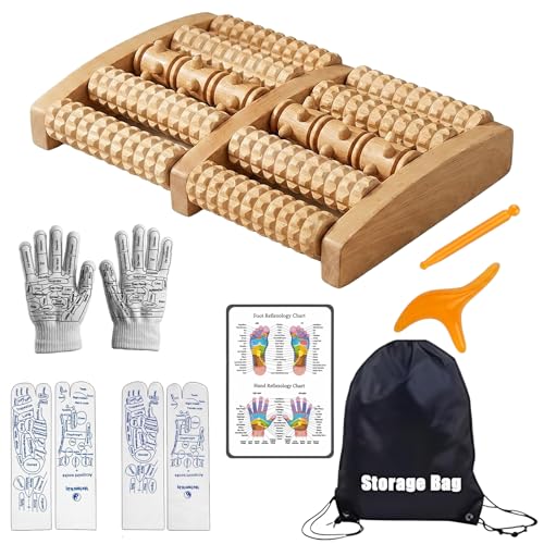 Wooden Foot Massager Roller with Reflexology Socks and Gloves Tools Set for Circulation, Pain Relief in Wide Feet, Health Promotion, Gift for Mom, Dad, or Elderly