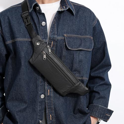 Leather Belt Bag,Black Belt Bag Mens Fanny Pack Crossbody 3-Zipper Pockets Phone Bag Fits All Phones Wallet Keys, Casual Hands-Free Waist Pack For Travel Workout Running Gifts