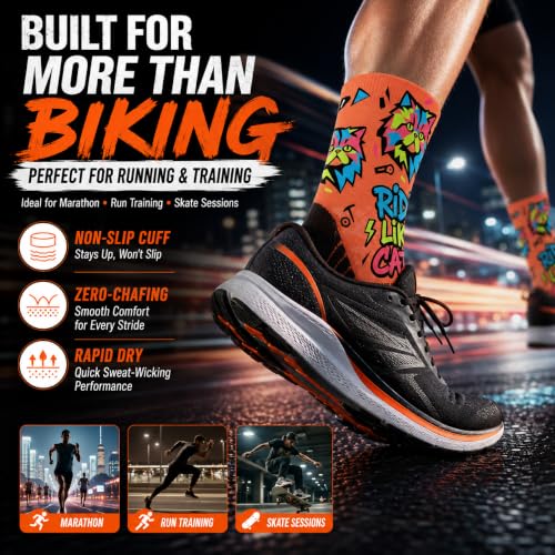 NIcool Cycling Socks For Men, 1/3 Pairs Bright Seamless Compression Running Crew Socks Youth Cushioned Tennis Quarter Socks - color: 1 Pair Bright Orange/Cat Print