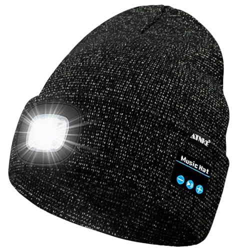 ATNKE LED Lighted Bluetooth Beanie Hat,USB Rechargeable 4 LED Wireless Music Running Headlamp Cap Gift for Men and Women - color: #Blended Black Goldwire