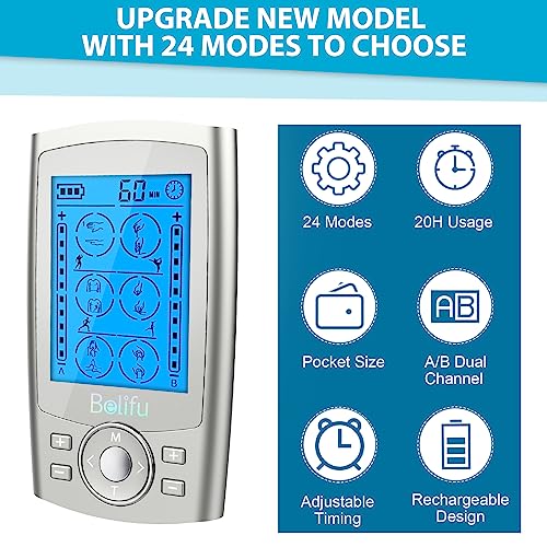 Belifu Dual Channel TENS EMS Unit 24 Modes Muscle Stimulator for Pain Relief Therapy, Electronic Pulse Massager Muscle Massager with 10 Pads, Dust-Proof Drawstring Storage Bag, Fastening Cable Ties - color: Silver