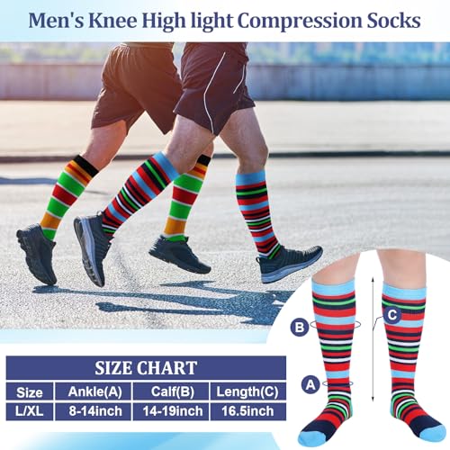 Shyyween 12 Pairs Men Knee High Compression Socks - size: Large, style: Colorful Stripes
