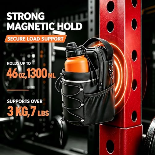 Magnetic Gym Bag , 20/36/46oz Heavy -Duty Magnetic Gym Bag with Strong Magnets, Sports Crossbody Water Bottle Holder with 5 big Pocket & Shoulder Strap,Sling Bag for Travel, Gym Accessories