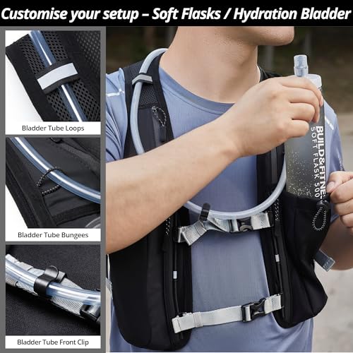 Running Hydration Vest for Women and Men. Reflective, 8 Pocket, Quick Dry, Water-Resistant, Breathable, Adjustable Backpack for Runs, Hiking, Cycling, Trails, Marathons - style: Black Vest + 1.5L Bladder + 2x 500ml Soft Flasks