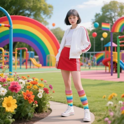 Junely Compression Socks for Women Knee High Striped Polka Dot Stockings - color: Rainbow Pink