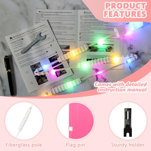 LED Bike Safety Flag Reflective 5.5 ft Lighted Bicycle Safety Flag with Heavy Duty LED Fiberglass Pole Tear-Resistant Waterproof PInk Pennant for Bike - color: Pink