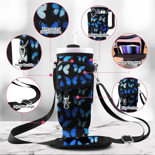 Stanley Carrier Bag for Stanley 40oz/30ozTumbler with Phone with 2 Adjustable Strap,3 Pockets Bottle Stanley Cup Carrier Bag & Case,Accessories for Hiking Travelling - color: Blue Butterfly