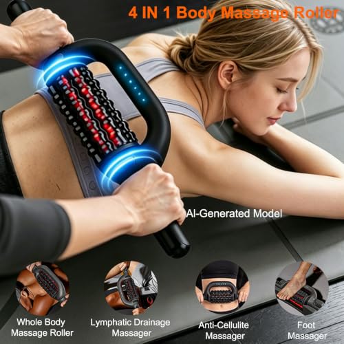 Electric Rolling Massager with Red Light, 6-Speed Percussive Massage Roller for Muscle Recovery, Rechargeable Rolling Massager with Hands-Free Base, for Arm, Back, Abdomen Leg & Foot