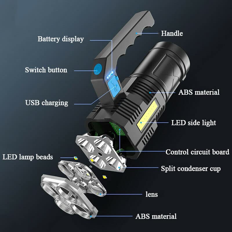 Wrrozz LED Flashlight Rechargeable Spotlight with Handle & Side Spot Light - size: B