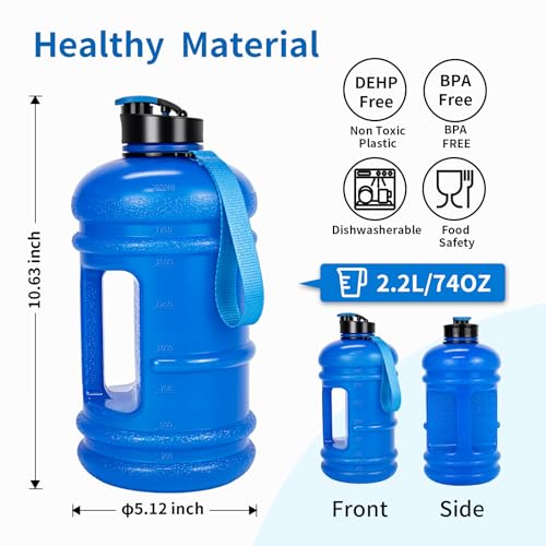 TOOFEEL 2 Liter Water Bottles - Half Gallon BPA Free - Ideal for Gym, Hiking, Running, Cycling - 74 oz Blue Water Bottle - color: Transparent Dark Blue, style: 74 oz water bottle
