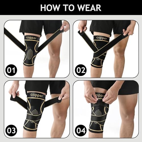 JHVW Copper Knee Brace for Women Men 2-Pack, Knee Compression Sleeve with Straps, Knee Braces for Knee Pain, Knee Support for Running Working - size: Medium