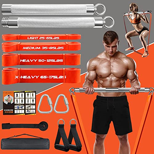 DASKING Resistance Band Bar Set for Home Gym, 500LB Total Resistance with Longer Bar & 4 Stackable Bands, Detachable for Full Body Workouts, Door Anchor, Exercise Guide - style: 90CM/35.4” Length