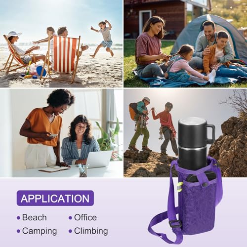 Uxcell Water Bottle Holder With Adjustable Shoulder Strap, Carrier Bag, Mesh Crossbody Carrier With Pocket for Sports, Hiking, Walking, Travel - color: Purple
