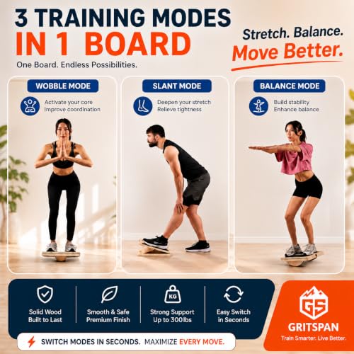 Slant Boards for Exercise, 3-in-1 Wooden Calf Stretcher, Rocker Balance Board and 360° Wobble Board, 5 Adjustable Angles, Anti-Slip Surface, Training Poster Included - size: Standard