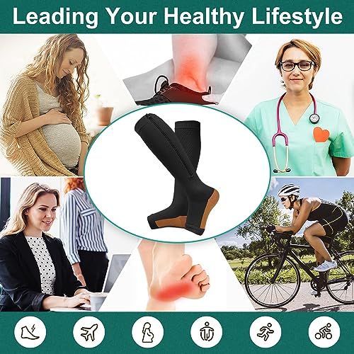 CTHH Zipper Compression Socks for Women and Men Toeless Knee High Stocking - color: Black/Yellow, size: Small-Medium