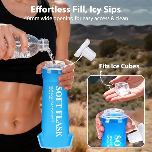 Collapsible Water Bottle 2PCS, BPA-Free Reusable Soft Flask 500ml with Leakproof Cap, Foldable Water Bottle for Running, Walking, Hiking, Camping Cycling