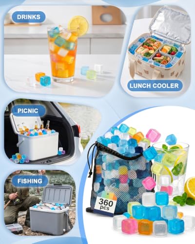 360 Pack Reusable Ice Cubes for Drinks, Frozen BPA Free Refreezable Plastic Ice Cubes Without Diluting, Colorful Ice Packs with Big Storage Bag for Lunch Box, Coolers, Whiskey, Bars, Ice Bath, Camping