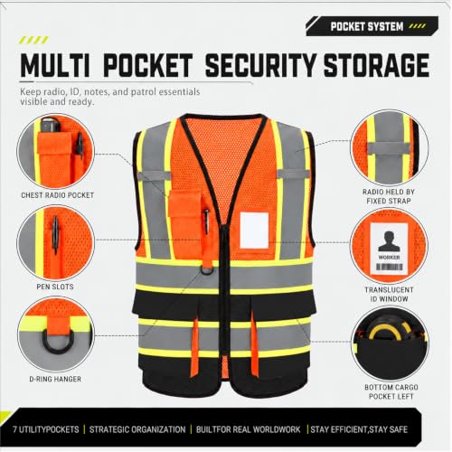 A-SAFETY Mesh High Vis Vest, Reflective Construction Vest with Pockets - color: Orange&black, size: Small