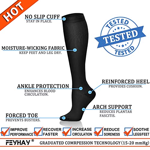FEYHAY Copper Compression Socks (8 Pairs) 15-20 mmHg Circulation is Best Athletic & Daily for Men & Women, Running, Climbing - color: 04 Black/Black/Black, size: Large-X-Large