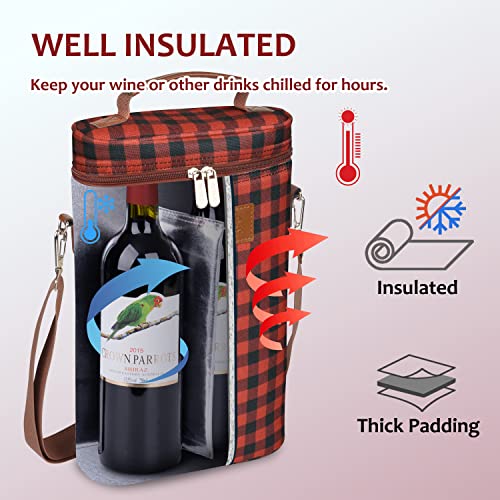 Tirrinia 2 Bottle Insulated Wine Tote Carrier Bag - color: Red Checker, size: 2 Bottle-without front pocket