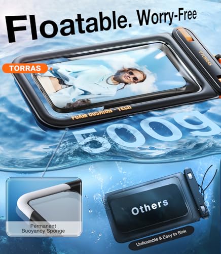 TORRAS IP68 Waterproof Phone Pouch Floating with Double Space 7.0", Black - color: Black