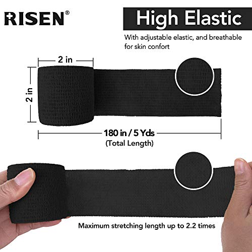 RISEN Cohesive Bandage 2” x 5 Yards, 6 Rolls, Self Adherent Wrap Medical Tape, Adhesive Flexible Breathable First Aid Gauze Ideal for Stretch Athletic - color: Black, size: 6 Count (Pack of 1)