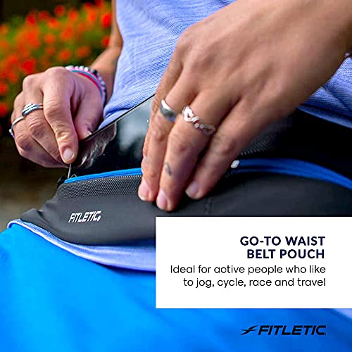 Fitletic Bolt Double Pocket Running Belt & Active Fanny Pack For Men & Women – Water Resistant, Lightweight Sleek Design – Patented No Bounce Hip Hugging Fit – Holds Any Phone - color: Black