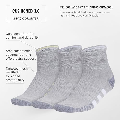 adidas Women's Cushioned Socks 3 Pairs - color: Cool Light Heather/Powder Yellow/Violet Tone Purple/3.0/Quarter, size: Medium, style: Quarter