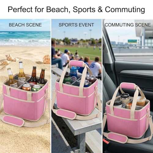 Drink Carrier Bag, 4 Compartment, Insulated Drink Carrier – Water Bottle Holder with Strap, Padded Handle Grip, Family Picnic Cooler Bag for Travel, Commute (Black) - color: Pink