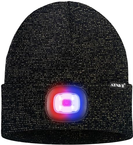 ATNKE LED Lighted Beanie Hat,USB Rechargeable 4 LED Red and Blue Flashing Running Headlamp Cap Gifts for Men and Women - color: #Blended Black Goldwire