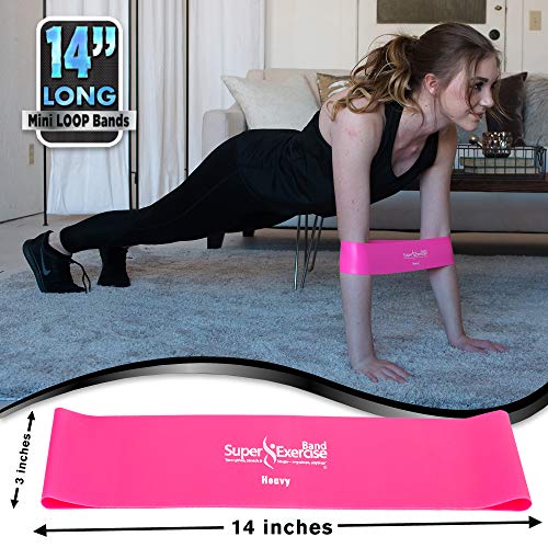 USA 14" x 3" Extra Long Latex Free Mini Loop Bands in 3, 5, 10 Pack Sets. 10 Strengths for Resistance Training, Stretching, Yoga, Toning. Plus an Exclusive iPhone App and E-Book. - color: p. Fuchsia Pink HEAVY Loop Band 5 Pack
