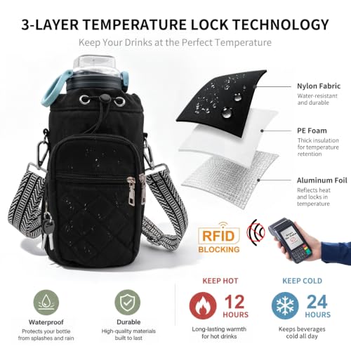 Water Bottle Carrier Bag Crossbody Phone Pocket for Women 40oz - color: Black