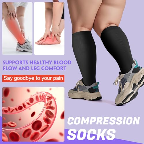 4 Pairs Plus Size Compression Socks,Extra Wide Calf 20-30 mmHg Knee High Compression Socks for Men Women Circulation - color: 03-black, size: 4X-Large