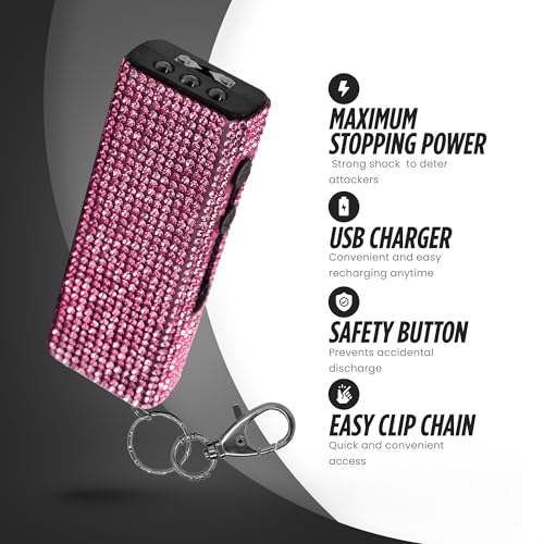 Guard Dog Security Bling It On Stun Gun and Pepper Spray for Self Defense, Fashionable Self-Defense Keychain Set for Women, Glow-in-the-Dark Actuator, 16-Ft Range, USB Rechargeable - color: Pink