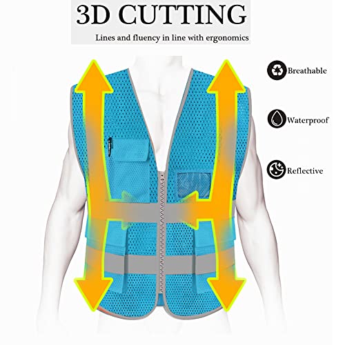 HYCOPROT High Visibility Mesh Safety Reflective Vest with Pockets and Zipper, Meets ANSI/ISEA Standards - color: Skyblue, size: 4X-Large