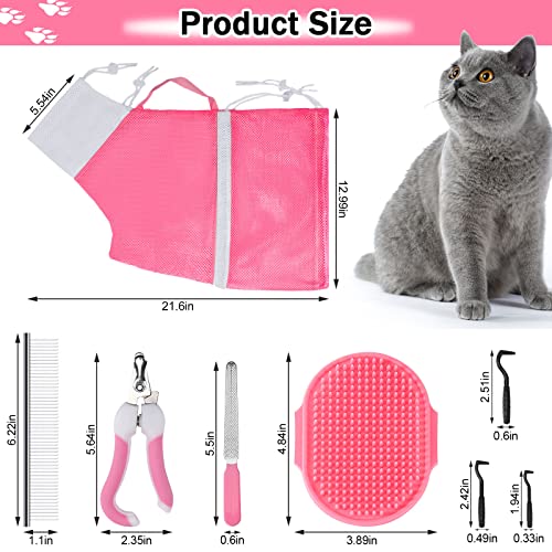 JULMELON 10PCS Cat Bathing Bag Adjustable Shower Washing Net Grooming Set - color: Pink+Grey