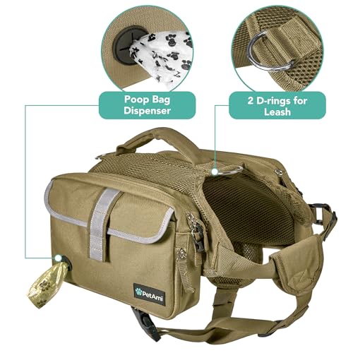 PetAmi Dog Backpack for Medium Large Dogs, Hiking Saddle Bag, Tan Canvas - color: Tan Canvas, size: Large