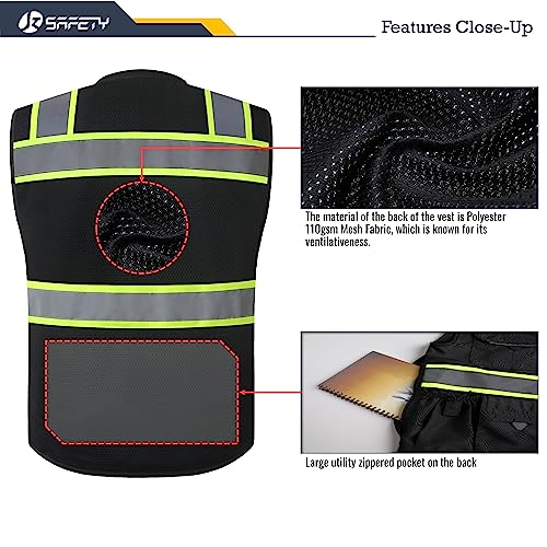 JKSafety Hi-Vis Unisex Surveyor Safety Vest Heavy Duty PPE Inner Pockets ANSI/ISEA Compliant - color: 188-black, size: 3X-Large