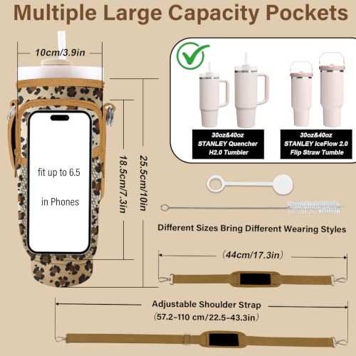 Water Bottle Carrier Bag for Stanley Cup 40/30oz, Neoprene Water Bottle Holder Pouch with 3 Pocket Adjustable Shoulder & Hand Strap - color: Ombre Brown Leopard