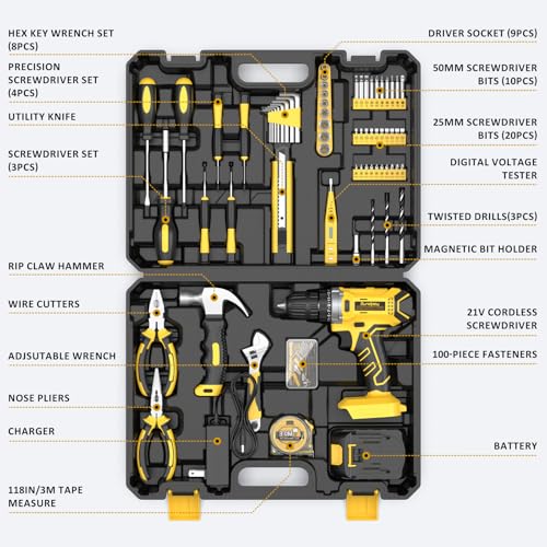Sundpey 170 Pcs Portable Basic Home Tool Kit Set with 21V Cordless Drill