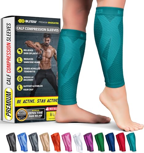 BLITZU Calf Compression Sleeves, Footless Compression Socks for Men & Women - color: Teal, size: Large/X-Large
