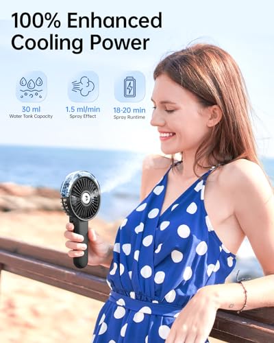SWEETFULL Portable Misting Fan - 180° Foldable Handheld Personal Fan with Mist Spray, 3 Speeds, 30ml Water Tank, USB Rechargeable for Travel, Outdoors, Makeup, Camping, Home, and Office Use - color: Black