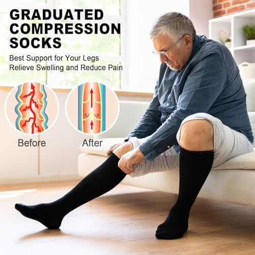 Compression Socks for Women&Men 20-30mmHg Graduated Knee High Stocking - color: 01-5 Pairs Black, size: Large-X-Large