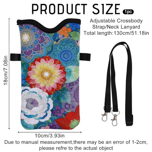 GLOBLELAND Mandala Flowers Nylon Cell Phone Sleeve Pouch Case Bag 7.1×3.9 inch Datura Flowers Shockproof Universal Phone Bag with Crossbody Strap Neck Lanyard for Women Men Phone Headphones Watch - color: Mandala