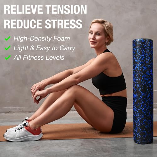 High-Density Round Foam Roller for Muscle Soreness Recovery, Exercise, Massage - 18", 24", 36" Blue Fleck (36 Inch)