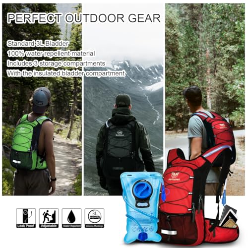 Mothybot Insulated Hydration Backpack Pack with 3L BPA Free Leak Proof Water Bladder, Large Storage Lightweight Hiking Daypack with Waist Pouches & Cooler Layer, for Running, Biking, Camping, Festival - color: Red