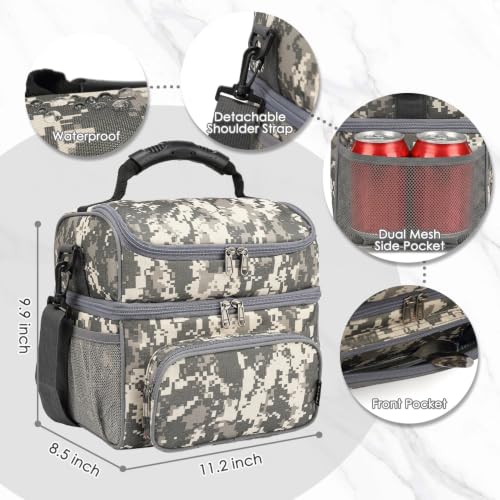 FlowFly Double Layer Cooler Insulated Lunch Bag Adult Lunch Box Large Tote Bag for Men, Women, With Adjustable Strap,Front Pocket and Dual Large Mesh Side Pockets - color: Digital Camo