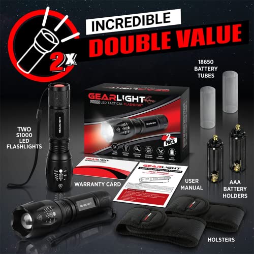 GearLight LED Flashlight High Lumens, Mini Tactical LED Flashlight 2 Pack, 5 Modes Zoomable Beam, Battery Powered for Camping, Hunting, Home & Emergency, Compact Small LED Flashlight (Red) - color: Red 2 Pack